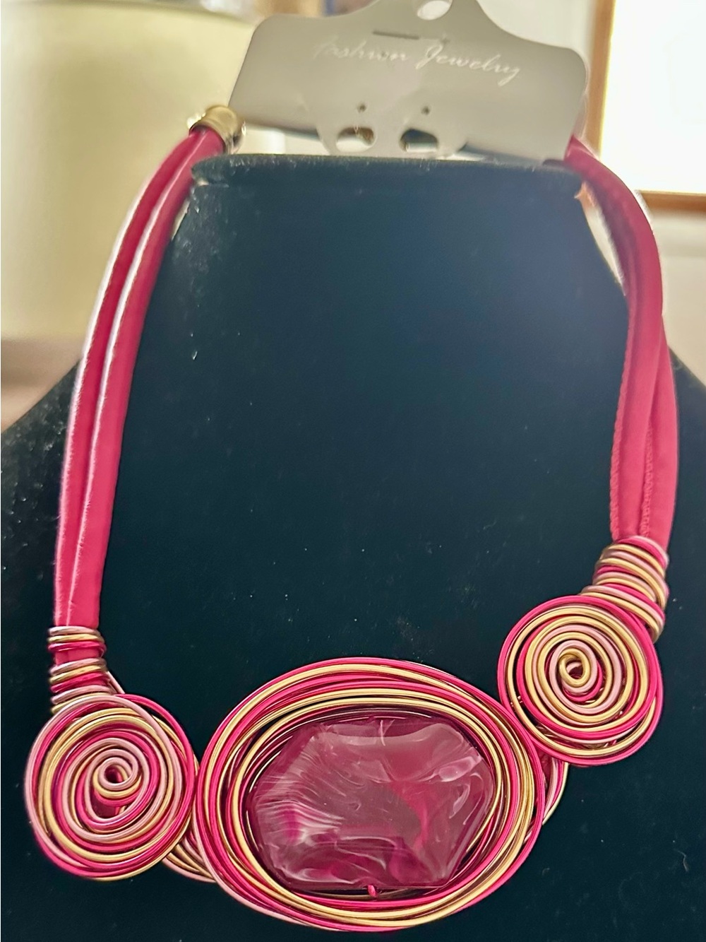 Fashion Jewelry Hot Pink and Gold Wire-Wrapped Statement Necklace